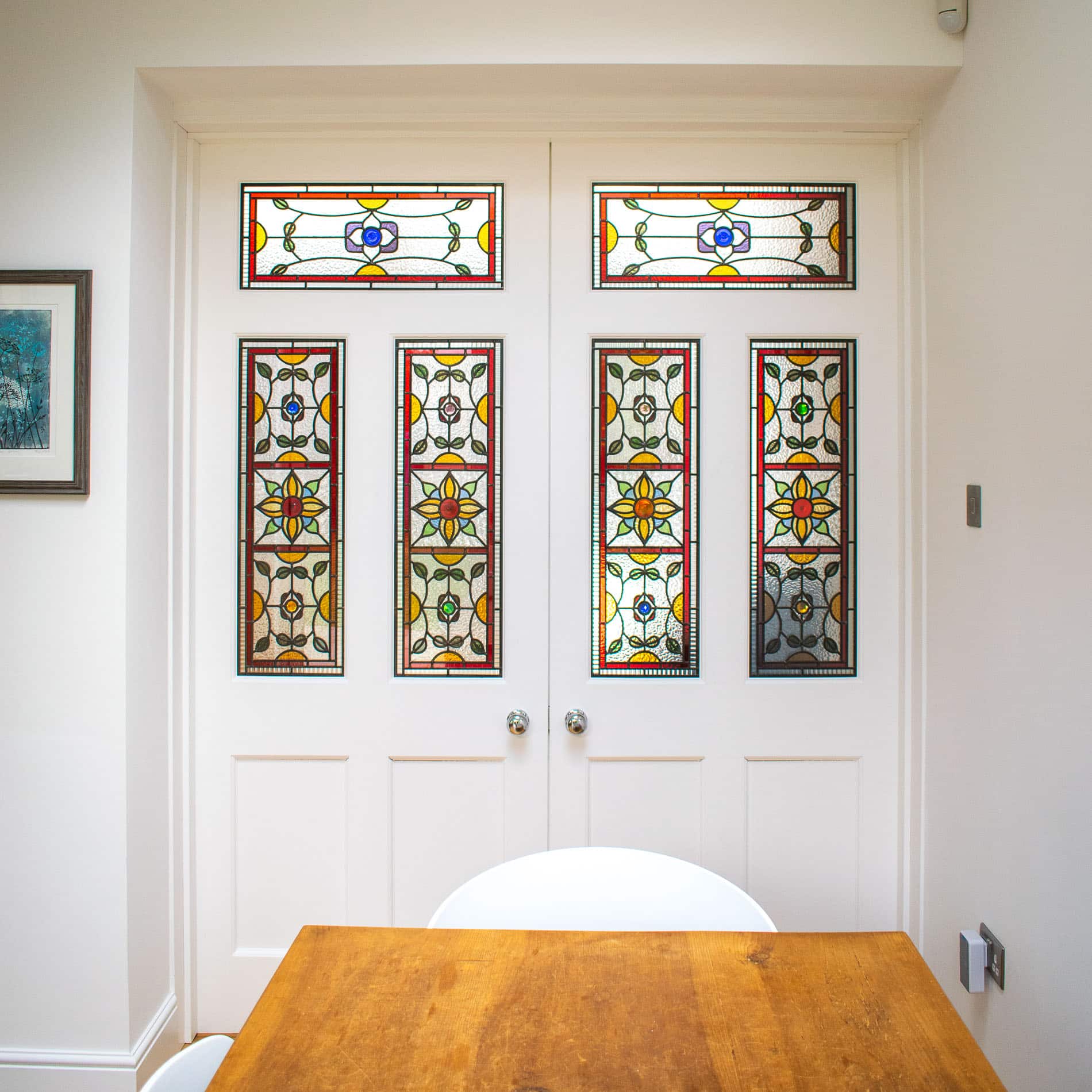bespoke internal doors. Bespoke pair of Edwardian internal doors with stained glass fitted in a london home
