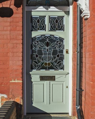 Edwardian 5 panel front door. Door with new frame. Stained glass to door and frame. Painted finish
