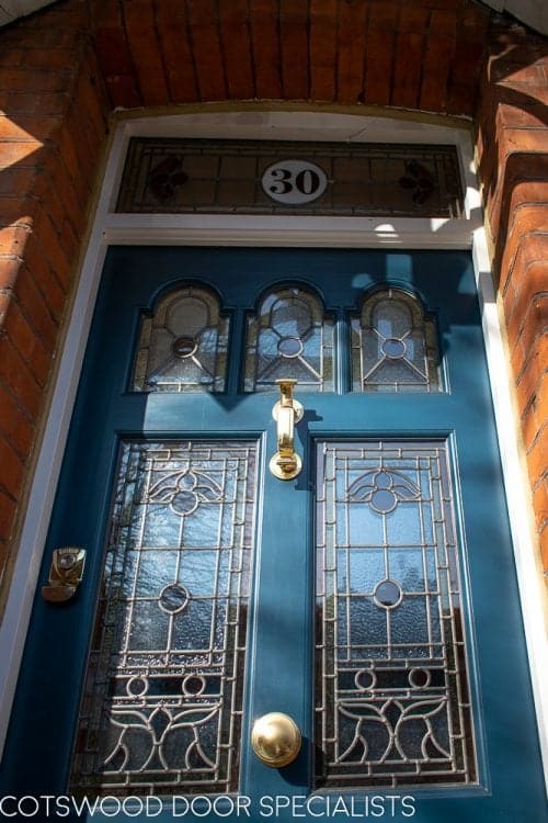 Edwardian five Light blue door. Bespoke door fitted with new frame and stained glass. Brass door furniture