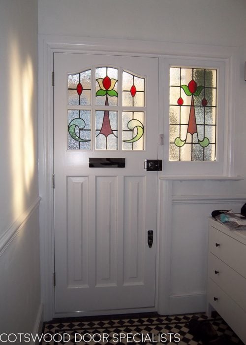 Edwardian six light front door from hallway with stained glass