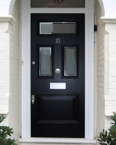 Edwardian three glass front door with new door frame. Sandblasted glass with clear edge. Satin Chrome door furniture with banham locks