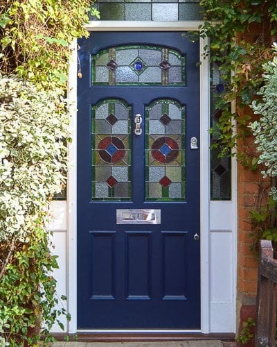 Edwardian three light front door and frame. Bespoke painted front door with stained and leaded glass