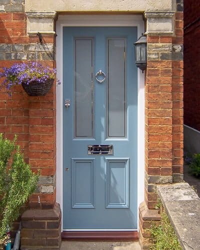 Four panel door with etched glass painted light blue