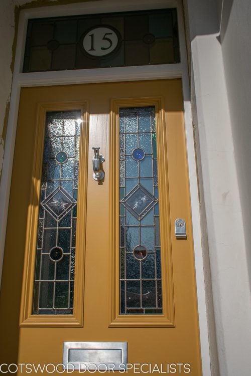 close up of stained glass in Victorian front door