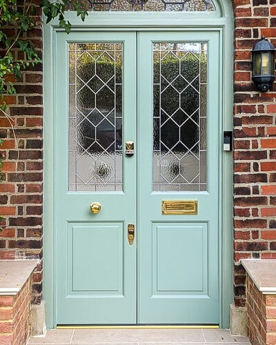 Victorian porch doors in duck egg blue with textured leaded glass