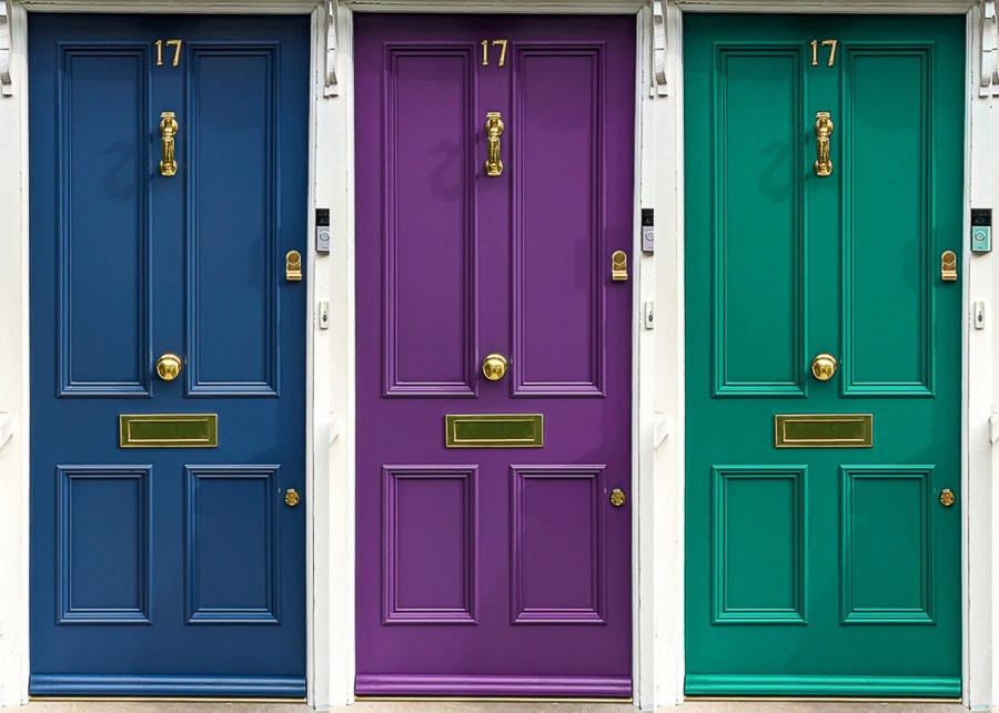 Picking a front door colour. Image of different coloured wooden front doors